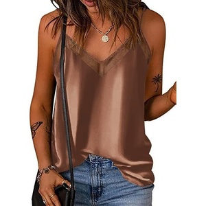 image:imageEkouaer Womens Silk Satin Cami Tank Top 2026 Mesh VNeck Adjustable Strap Sleeveless Summer Camisole BlouseCoffee