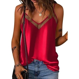 image:imageEkouaer Womens Silk Satin Cami Tank Top 2026 Mesh VNeck Adjustable Strap Sleeveless Summer Camisole BlouseRed
