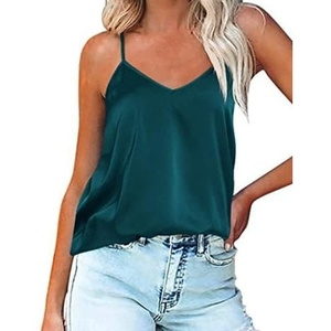 image:imageEkouaer Womens Silk Satin Tank Tops V Neck Camisole Spaghetti Strap Top Summer Basic BlouseOnion Green