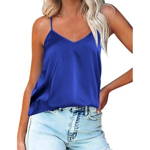 image:imageEkouaer Womens Silk Satin Tank Tops V Neck Camisole Spaghetti Strap Top Summer Basic BlouseSnorkel Blue