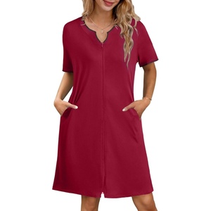 image:imageEkouaer Zipper Robes for Women Knee Length Bathrobe Lightweight Housecoat Short Sleeve Nightgown with Pockets S3XLWine Red With Black