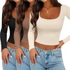 image:imageEkouaer Womens 3 Pack Long Sleeve Crop Tops Square Neck Ribbed Slim Fitted Base Layer Basic Shirt Thermal Undershirts XSXXLBlackBeigeBrown