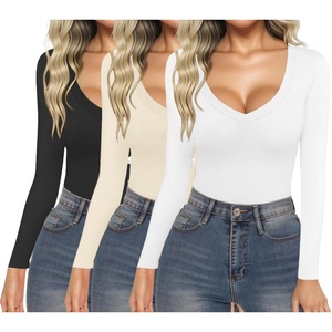 image:imageEkouaer 3 Pack Long Sleeve Shirts for Women Deep V Neck Basic Thermal Tops Base Layer Undershirts XSXXLBlackBeigeWhite