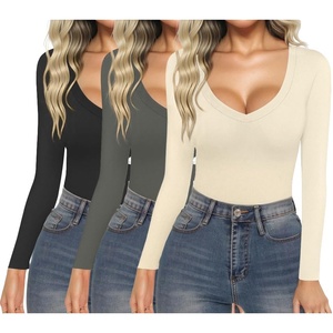 image:imageEkouaer 3 Pack Long Sleeve Shirts for Women Deep V Neck Basic Thermal Tops Base Layer Undershirts XSXXLBlackDarkgreyBeige