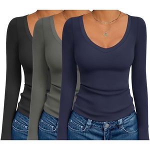 image:imageEkouaer 3 Pack Long Sleeve Shirts for Women Deep V Neck Basic Thermal Tops Base Layer Undershirts XSXXLBlackDarkgreyNavy Blue