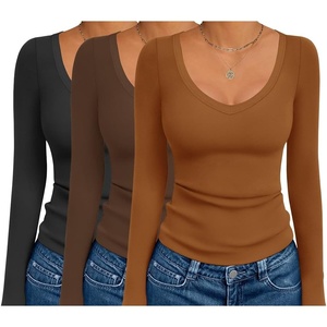 image:imageEkouaer 3 Pack Long Sleeve Shirts for Women Deep V Neck Basic Thermal Tops Base Layer Undershirts XSXXLBlackLight BrownCoffee