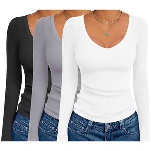 image:imageEkouaer 3 Pack Long Sleeve Shirts for Women Deep V Neck Basic Thermal Tops Base Layer Undershirts XSXXLBlackLightgreyWhite