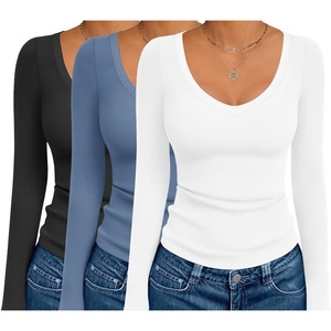 image:imageEkouaer 3 Pack Long Sleeve Shirts for Women Deep V Neck Basic Thermal Tops Base Layer Undershirts XSXXLBlackWhiteDusty Blue