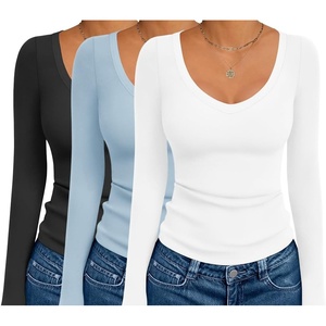 image:imageEkouaer 3 Pack Long Sleeve Shirts for Women Deep V Neck Basic Thermal Tops Base Layer Undershirts XSXXLBlackWhiteLight Blue