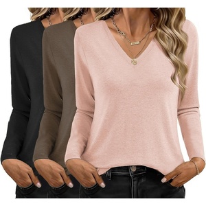 image:imageEkouaer 3 Pack Long Sleeve Shirts for Women V Neck T Shirt Fall Casual Tops Basic Base Layer Undershirts Tees 2025 SXXLBeigeBlackBrown