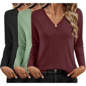 image:imageEkouaer 3 Pack Long Sleeve Shirts for Women V Neck T Shirt Fall Casual Tops Basic Base Layer Undershirts Tees 2025 SXXLBlackGreenWine Red