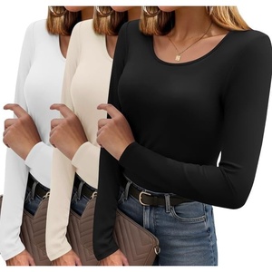 image:imageEkouaer Long Sleeve Shirts for Women 3 Pack Scoop Neck Fitted Tops Thermal Undershirt Stretch Base Layer Soft TeeBlackBeigeWhite