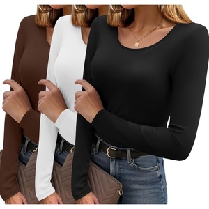 image:imageEkouaer Long Sleeve Shirts for Women 3 Pack Scoop Neck Fitted Tops Thermal Undershirt Stretch Base Layer Soft TeeBlackWhiteBrown