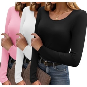image:imageEkouaer Long Sleeve Shirts for Women 3 Pack Scoop Neck Fitted Tops Thermal Undershirt Stretch Base Layer Soft TeeBlackWhitePink