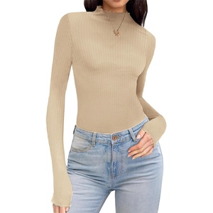 image:imageEkouaer Thermal Turtleneck Shirt Women Ribbed Long Sleeve Mock Neck Tops Slim Fit Lettuce Trim Base LayerBeige