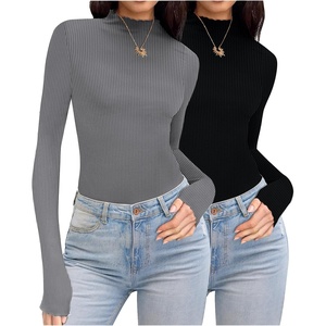 image:imageEkouaer Thermal Turtleneck Shirt Women Ribbed Long Sleeve Mock Neck Tops Slim Fit Lettuce Trim Base LayerBlackGrey