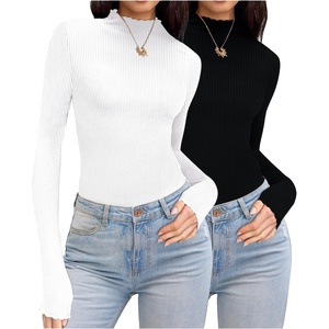 image:imageEkouaer Thermal Turtleneck Shirt Women Ribbed Long Sleeve Mock Neck Tops Slim Fit Lettuce Trim Base LayerBlackWhite