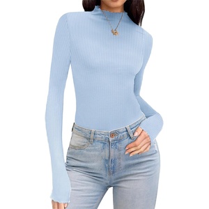 image:imageEkouaer Thermal Turtleneck Shirt Women Ribbed Long Sleeve Mock Neck Tops Slim Fit Lettuce Trim Base LayerBlue