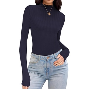 image:imageEkouaer Thermal Turtleneck Shirt Women Ribbed Long Sleeve Mock Neck Tops Slim Fit Lettuce Trim Base LayerBlue Purple