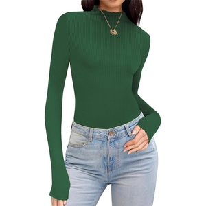 image:imageEkouaer Thermal Turtleneck Shirt Women Ribbed Long Sleeve Mock Neck Tops Slim Fit Lettuce Trim Base LayerGreen