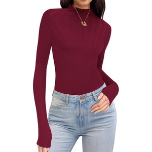 image:imageEkouaer Thermal Turtleneck Shirt Women Ribbed Long Sleeve Mock Neck Tops Slim Fit Lettuce Trim Base LayerRed