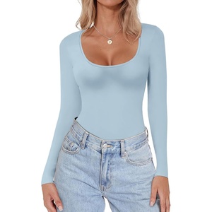 image:imageEkouaer Women Long Sleeve Shirt Scoop Neck Tops Slim Fit Basic Top Thermal Undershirts Base Layer TeeLight Blue