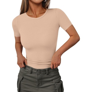 image:imageEkouaer Women Short Sleeve Shirts Lightweight Thermal Tops Ribbed Knitted Outfit Tees Soft Crew Neck Undershirt Basic ClothesSkin Color