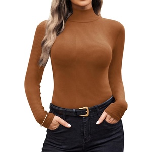 image:imageEkouaer Women Turtleneck Shirt Long Sleeve Layer Tops Basic Ribbed Tees Soft Stretch Thermal Undershirts Lightweight BlouseLight Brown