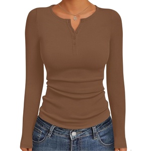image:imageEkouaer Womens Long Sleeve Henley Shirts Button Ribbed Knit Tops Basic Layering Slim Fit Soft Thermal Underwear TopsBrown