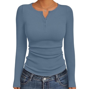 image:imageEkouaer Womens Long Sleeve Henley Shirts Button Ribbed Knit Tops Basic Layering Slim Fit Soft Thermal Underwear TopsGrey Blue