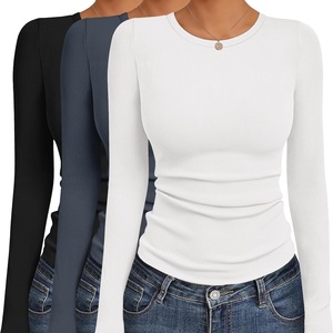 image:imageEkouaer Womens Long Sleeve Shirts 3 Packs Crew Neck Stretchy Fitted Tops Ribbed Base Layer Soft Thermal Undershirts TeeBlack  Dark Gray  White 3pcs