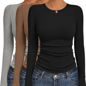 image:imageEkouaer Womens Long Sleeve Shirts 3 Packs Crew Neck Stretchy Fitted Tops Ribbed Base Layer Soft Thermal Undershirts TeeBlack  Light Gray  Brown 3pcs