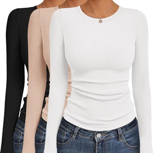 image:imageEkouaer Womens Long Sleeve Shirts 3 Packs Crew Neck Stretchy Fitted Tops Ribbed Base Layer Soft Thermal Undershirts TeeBlack  White  Beige 3pcs