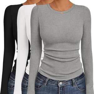 image:imageEkouaer Womens Long Sleeve Shirts 3 Packs Crew Neck Stretchy Fitted Tops Ribbed Base Layer Soft Thermal Undershirts TeeBlack  White  Light Gray 3pcs