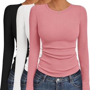 image:imageEkouaer Womens Long Sleeve Shirts 3 Packs Crew Neck Stretchy Fitted Tops Ribbed Base Layer Soft Thermal Undershirts TeeBlack  White  Rose Pink 3pcs