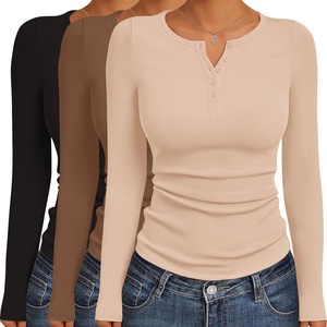 image:imageEkouaer Womens Long Sleeve Shirts 3 Packs Henley Button Down Tops Ribbed Slim Fit Base Layer Soft Thermal TeeBlack  Beige  Brown 3pcs