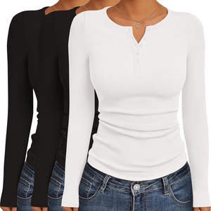 image:imageEkouaer Womens Long Sleeve Shirts 3 Packs Henley Button Down Tops Ribbed Slim Fit Base Layer Soft Thermal TeeBlack  Black  White 3pcs