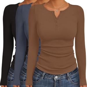 image:imageEkouaer Womens Long Sleeve Shirts 3 Packs Henley Button Down Tops Ribbed Slim Fit Base Layer Soft Thermal TeeBlack  Dark Gray  Brown 3pcs