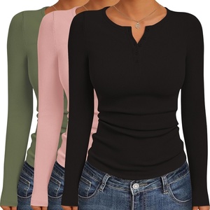image:imageEkouaer Womens Long Sleeve Shirts 3 Packs Henley Button Down Tops Ribbed Slim Fit Base Layer Soft Thermal TeeBlack  Pink  Army Green 3pcs
