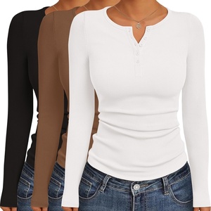 image:imageEkouaer Womens Long Sleeve Shirts 3 Packs Henley Button Down Tops Ribbed Slim Fit Base Layer Soft Thermal TeeBlack  White  Brown 3pcs
