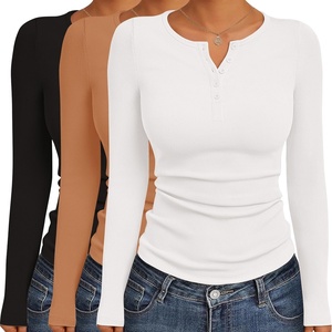 image:imageEkouaer Womens Long Sleeve Shirts 3 Packs Henley Button Down Tops Ribbed Slim Fit Base Layer Soft Thermal TeeBlack  White  Light Brown 3pcs