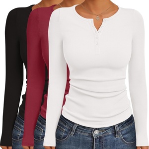 image:imageEkouaer Womens Long Sleeve Shirts 3 Packs Henley Button Down Tops Ribbed Slim Fit Base Layer Soft Thermal TeeBlack  White  Red 3pcs