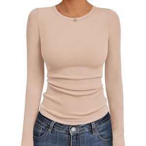 image:imageEkouaer Womens Long Sleeve Shirts Crew Neck Stretchy Fitted Ribbed Tops Basic Base Layer Soft Thermal Undershirts TeeBeige