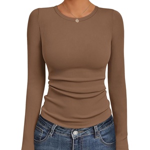 image:imageEkouaer Womens Long Sleeve Shirts Crew Neck Stretchy Fitted Ribbed Tops Basic Base Layer Soft Thermal Undershirts TeeBrown