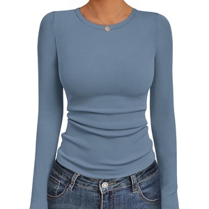 image:imageEkouaer Womens Long Sleeve Shirts Crew Neck Stretchy Fitted Ribbed Tops Basic Base Layer Soft Thermal Undershirts TeeGrey Blue