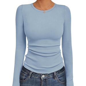 image:imageEkouaer Womens Long Sleeve Shirts Crew Neck Stretchy Fitted Ribbed Tops Basic Base Layer Soft Thermal Undershirts TeeLight Blue