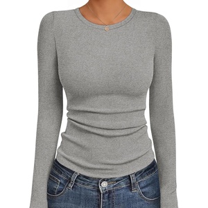 image:imageEkouaer Womens Long Sleeve Shirts Crew Neck Stretchy Fitted Ribbed Tops Basic Base Layer Soft Thermal Undershirts TeeLight Gray
