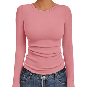 image:imageEkouaer Womens Long Sleeve Shirts Crew Neck Stretchy Fitted Ribbed Tops Basic Base Layer Soft Thermal Undershirts TeeRose Pink