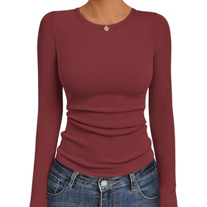 image:imageEkouaer Womens Long Sleeve Shirts Crew Neck Stretchy Fitted Ribbed Tops Basic Base Layer Soft Thermal Undershirts TeeWine Red