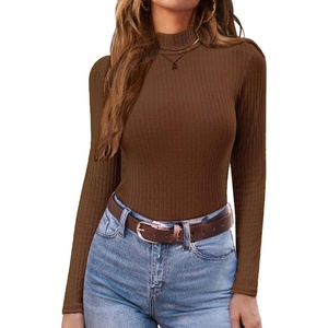 image:imageEkouaer Womens Mock Turtleneck Long Sleeve Shirts Ribbed Knit Lightweight Pullover Sweater Stretch Fitted Thermal TopCoffee